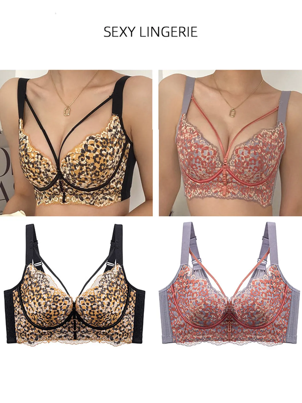 Leopard Lace Push-up Side Support Underwire Bras