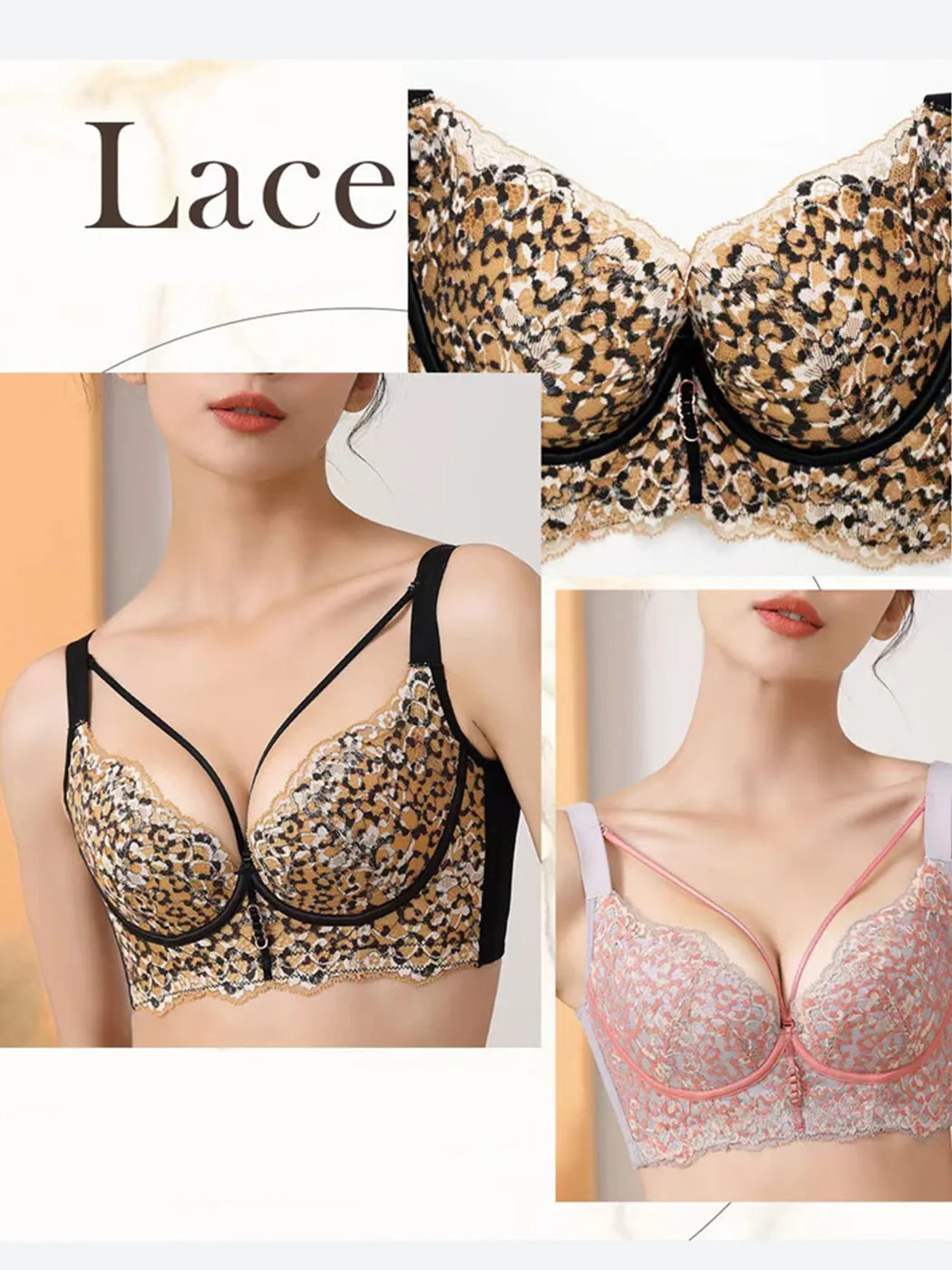 Leopard Lace Push-up Side Support Underwire Bras