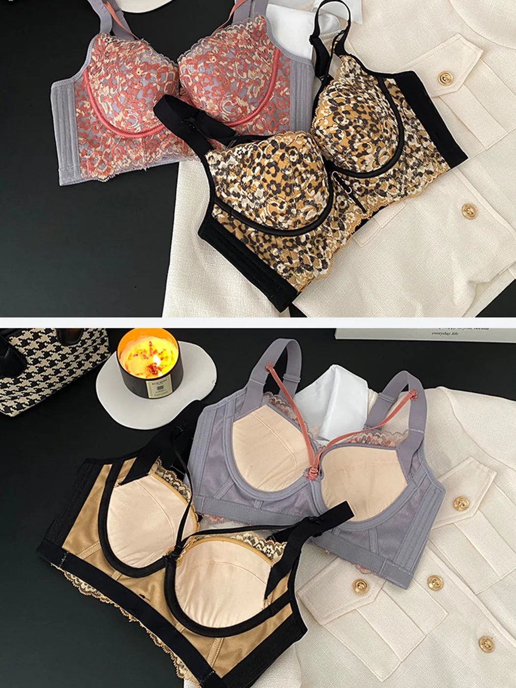 Leopard Lace Push-up Side Support Underwire Bras