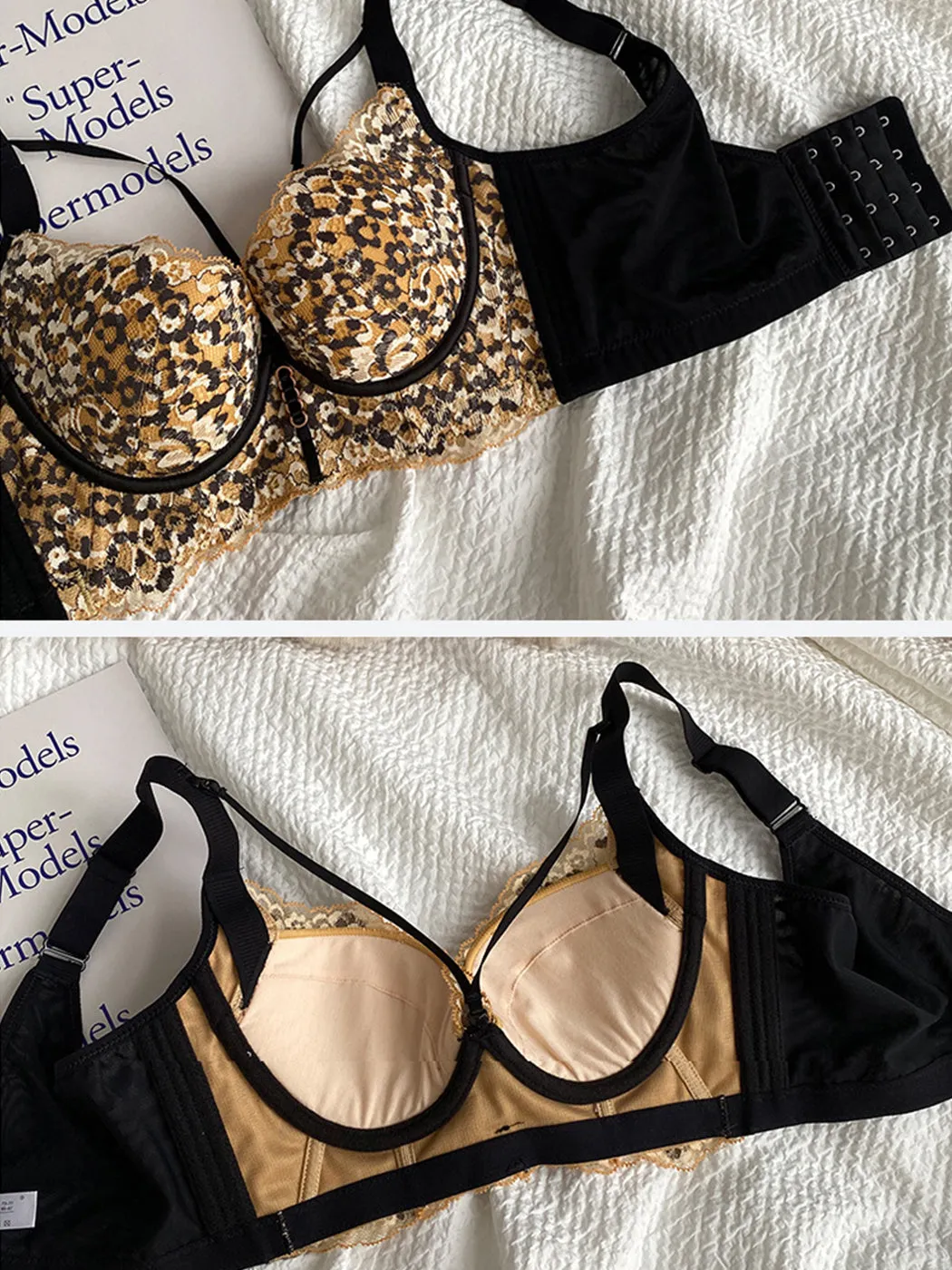 Leopard Lace Push-up Side Support Underwire Bras