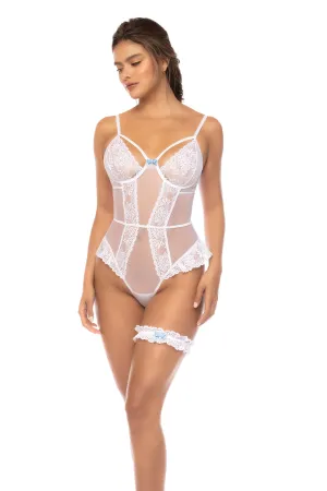 Mapale Bridal Aixa Floral Lace Transparent Mesh Bodysuit Teddy White