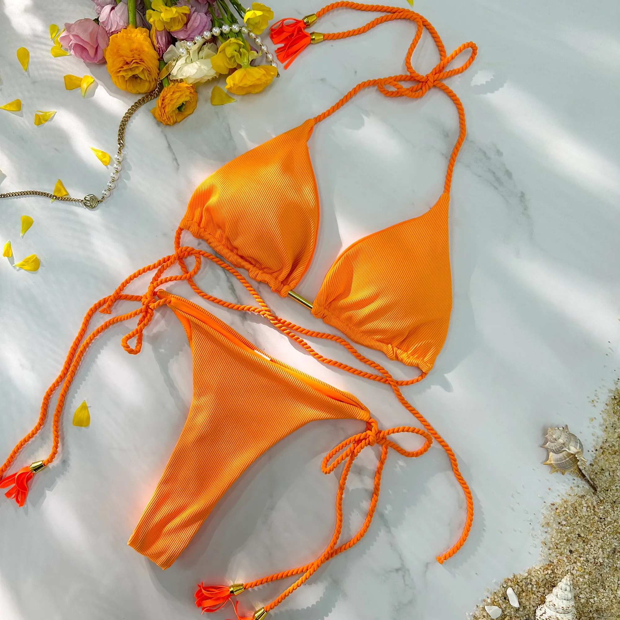 Orange Swivel Strip U-shaped High Waist Bikini Set
