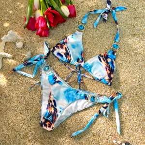 Printed Strappy Knotted  Sexy Crystal Diamond Low Waist Bikini Set