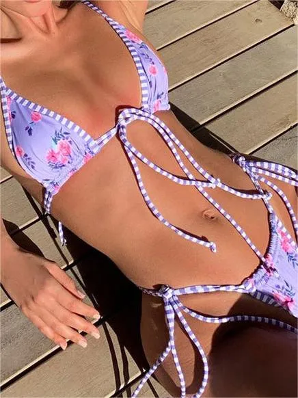 Purple white contrasting print strappy tied sexy bikini set