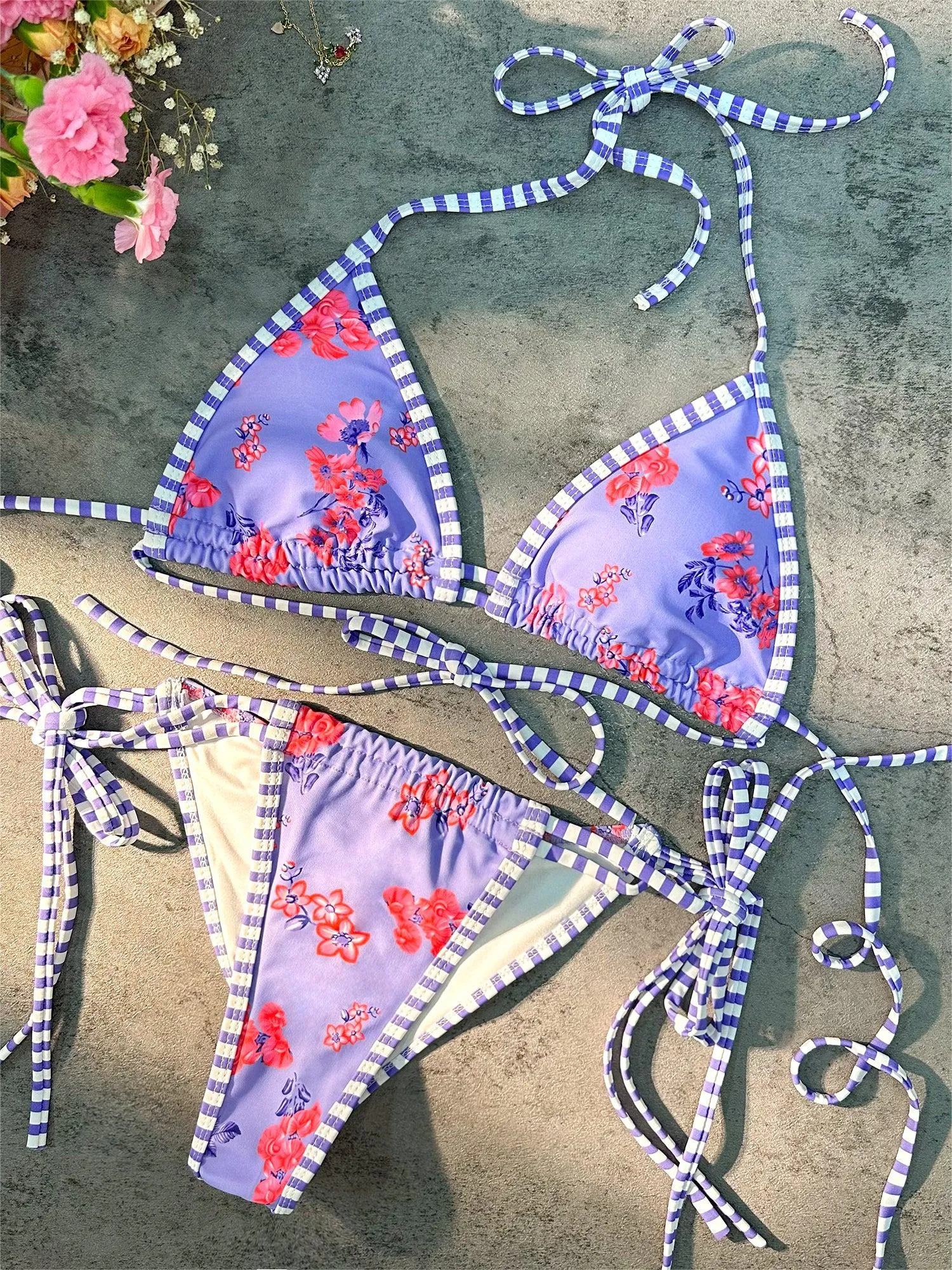Purple white contrasting print strappy tied sexy bikini set