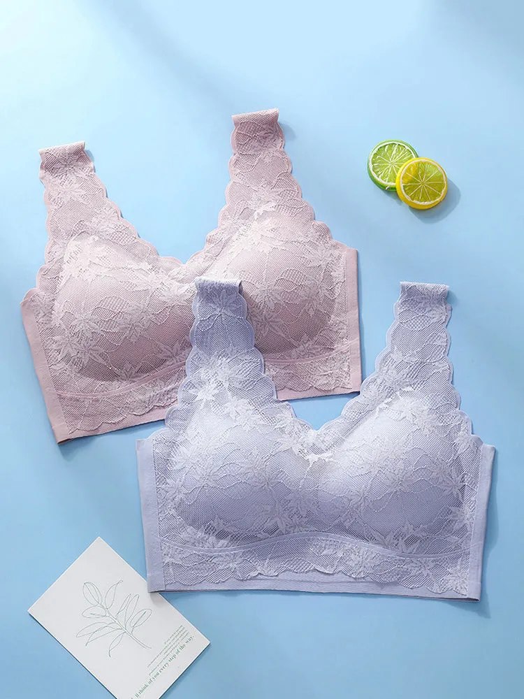 Seamless Lace Wireless Bra with Wide Straps