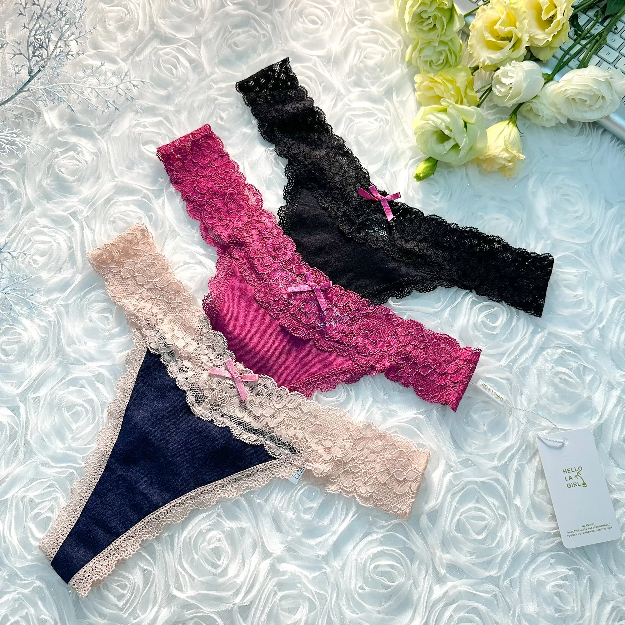Solid Color T Back Lace Low Waist Cotton Seamless 3 Pack Thongs