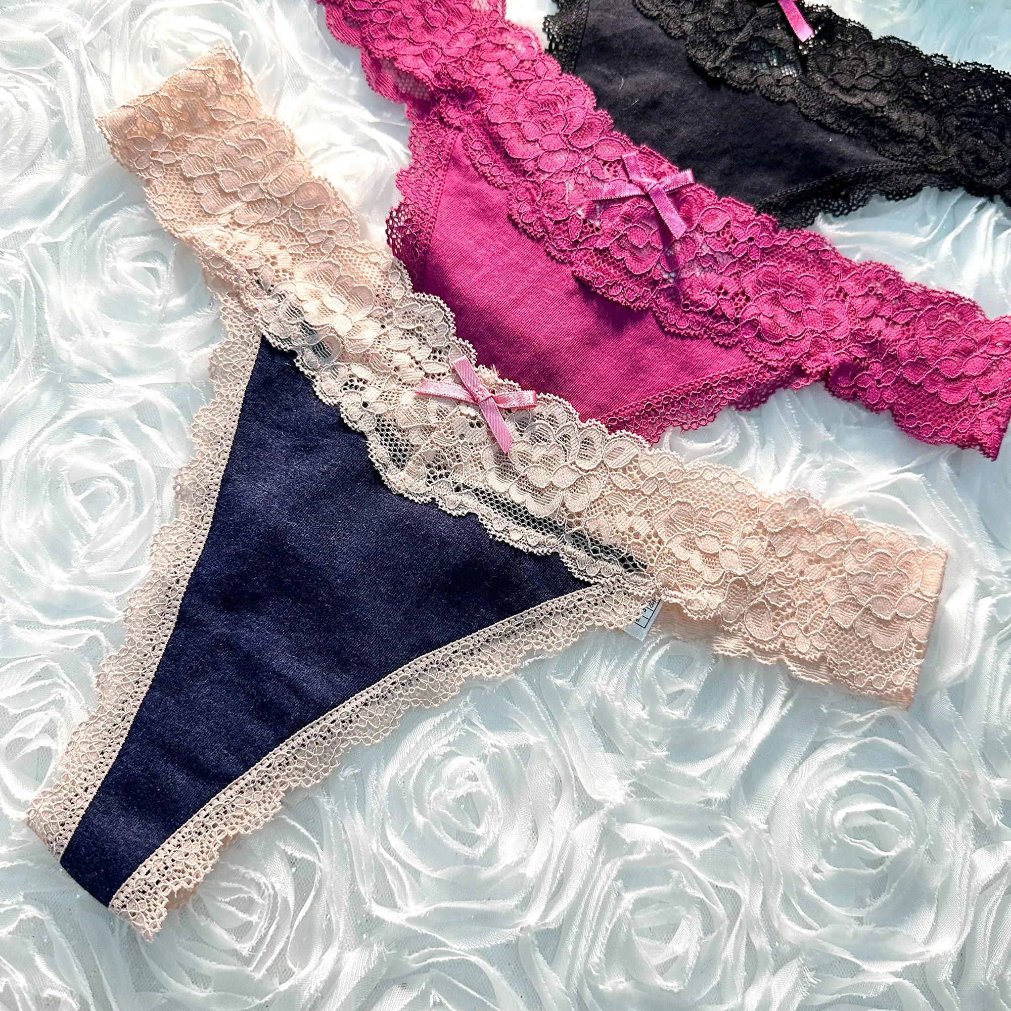 Solid Color T Back Lace Low Waist Cotton Seamless 3 Pack Thongs