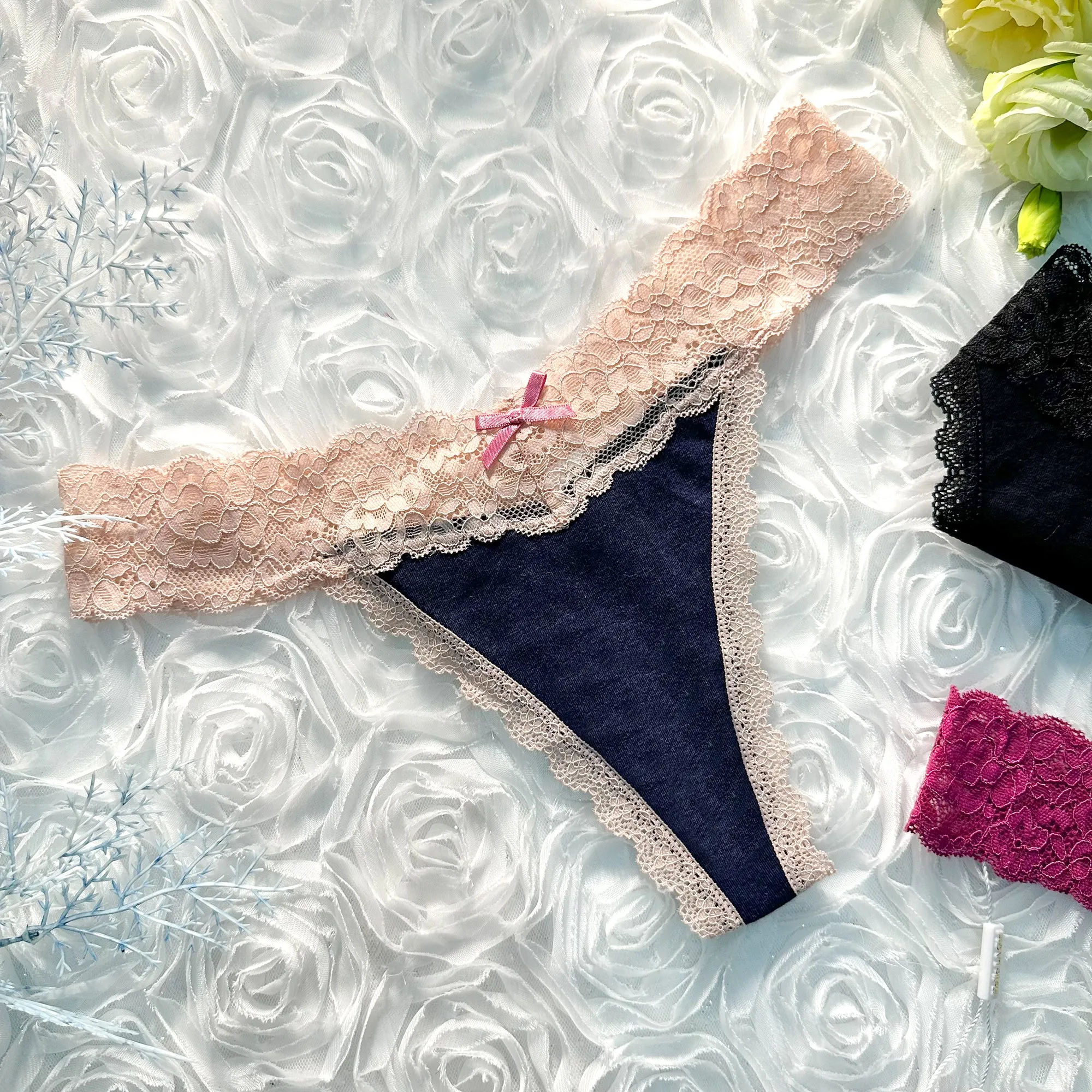 Solid Color T Back Lace Low Waist Cotton Seamless 3 Pack Thongs