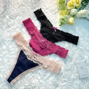 Solid Color T Back Lace Low Waist Cotton Seamless 3 Pack Thongs
