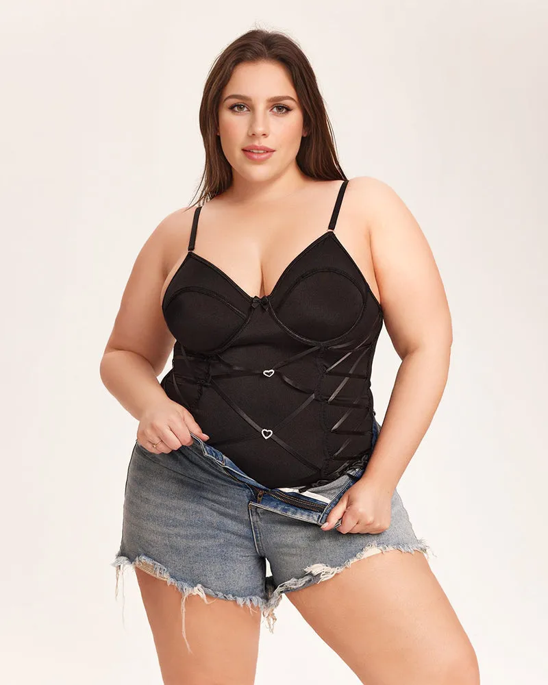 Tummy Control Bodysuit With Garter Belt-Black