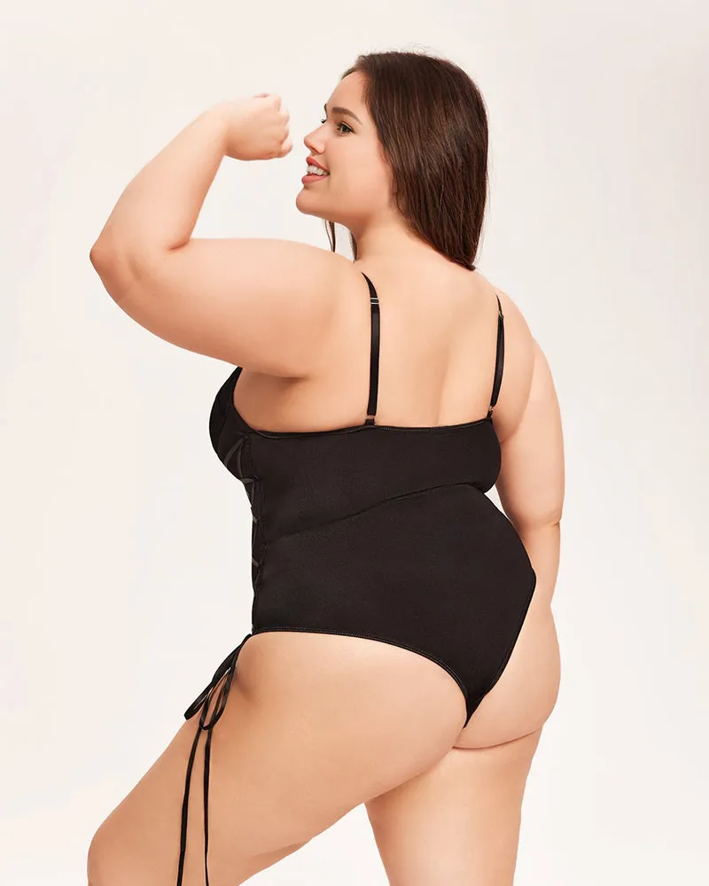 Tummy Control Bodysuit With Garter Belt-Black