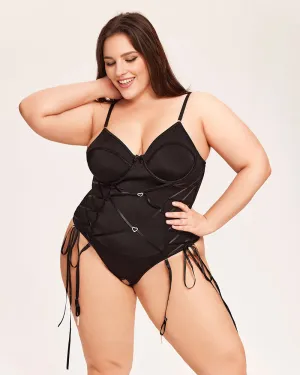Tummy Control Bodysuit With Garter Belt-Black