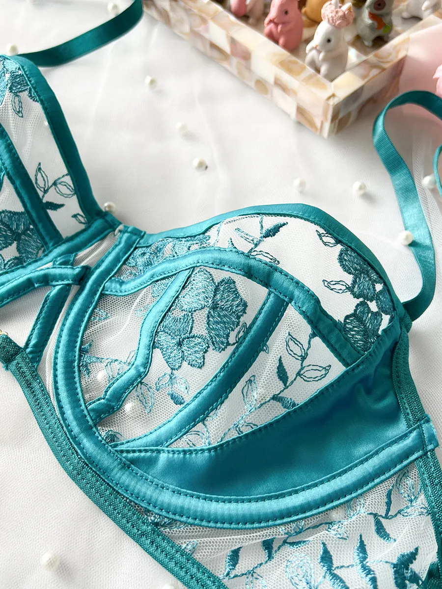 Turquoise Floral Embroidery Lingerie Set