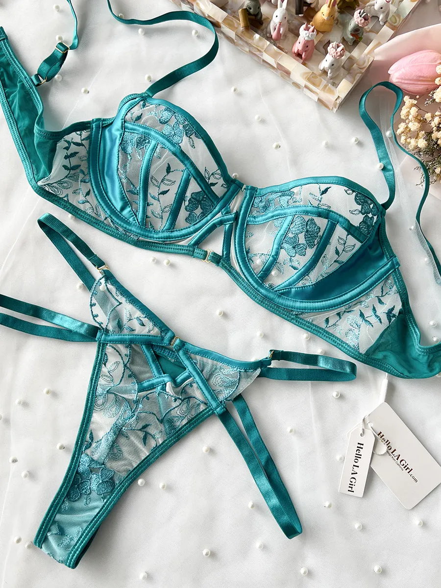Turquoise Floral Embroidery Lingerie Set