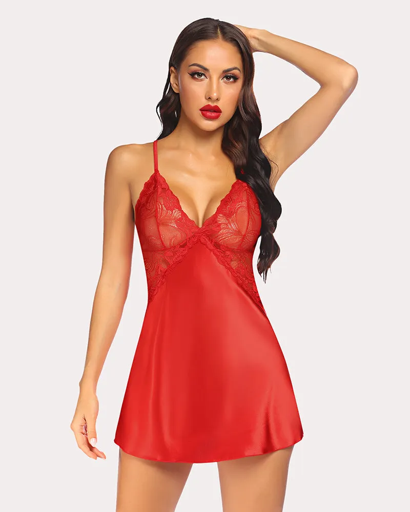 V Neck Satin Lace Nightwear
