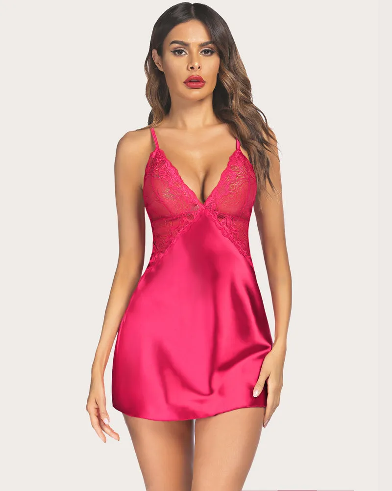V Neck Satin Lace Nightwear