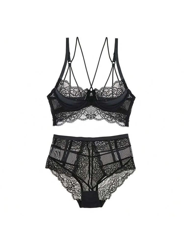 Women's Push Up Sexy Lace Lingerie Bra and Sheer Panties
